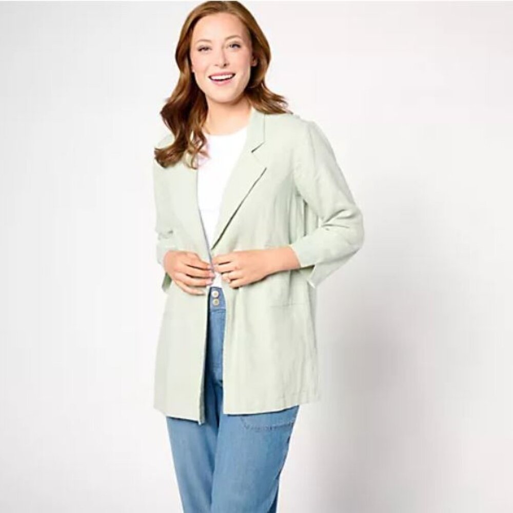 AnyBody Regular Linen Blend Blazer with Side Slits-Aqua Grey-Large